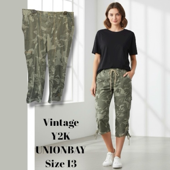 UNIONBAY VINTAGE Y2K Pants Green Low Rise Camo Cargo Utility Capri Junior’s 13 - Picture 6 of 16